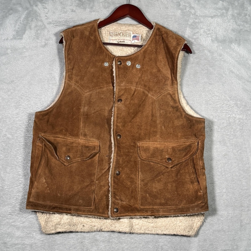 Vintage‎ Schott Rancher Vest Mens Large Brown Suede Sherpa Lined Western USA